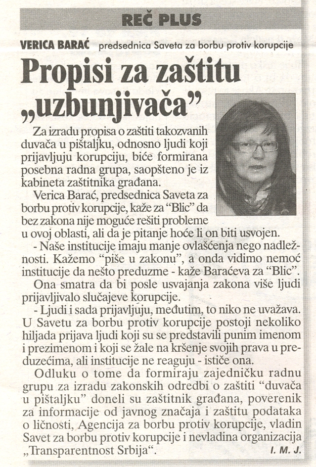 Verica Barać o propisima za zaštitu "uzbunjivača"